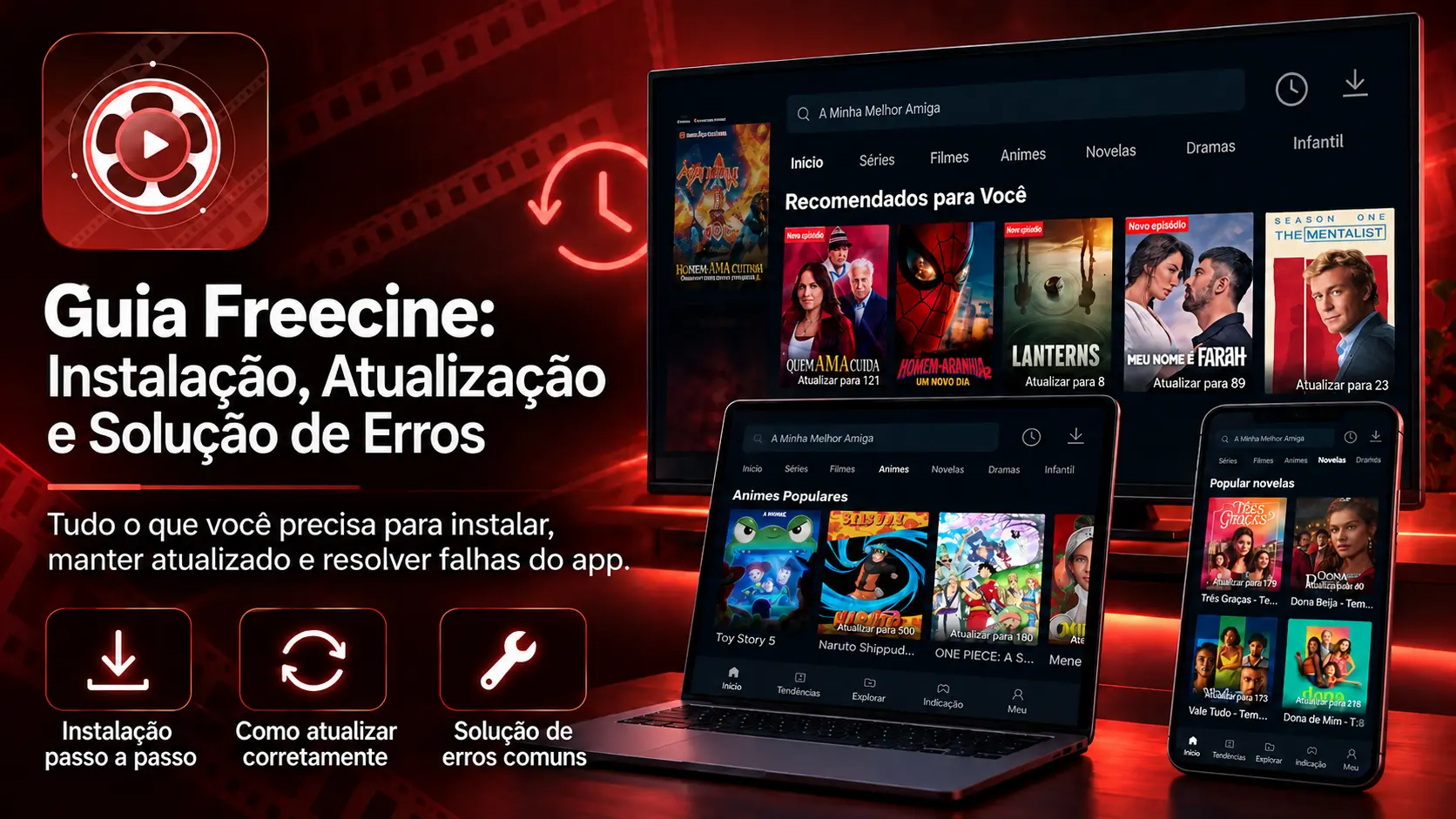 Guia Freecine, com imagens de celular, computador e televisão.