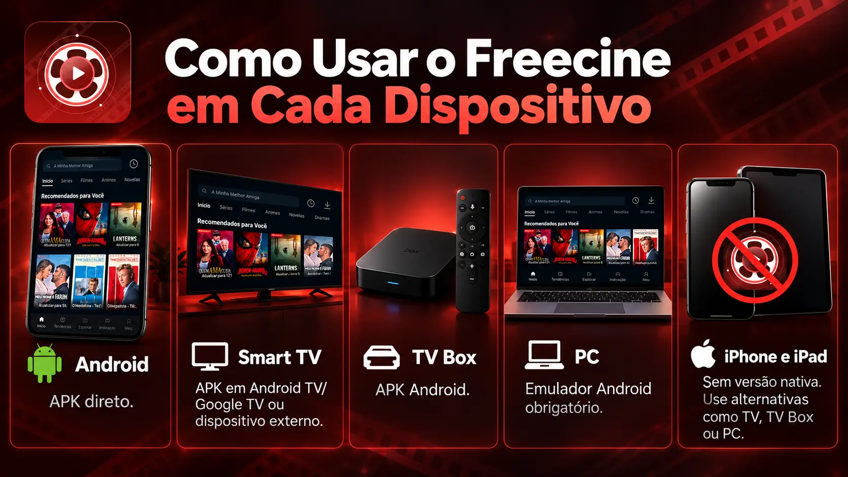Tela com freecine no Android, tv, pc, tv box e iPhone.