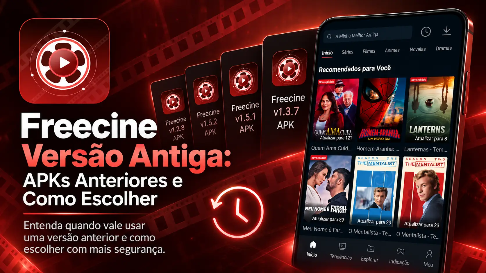 Fundo vermelho, celular, seguido de outros aparelhos com as versões antigas do Freecine.
