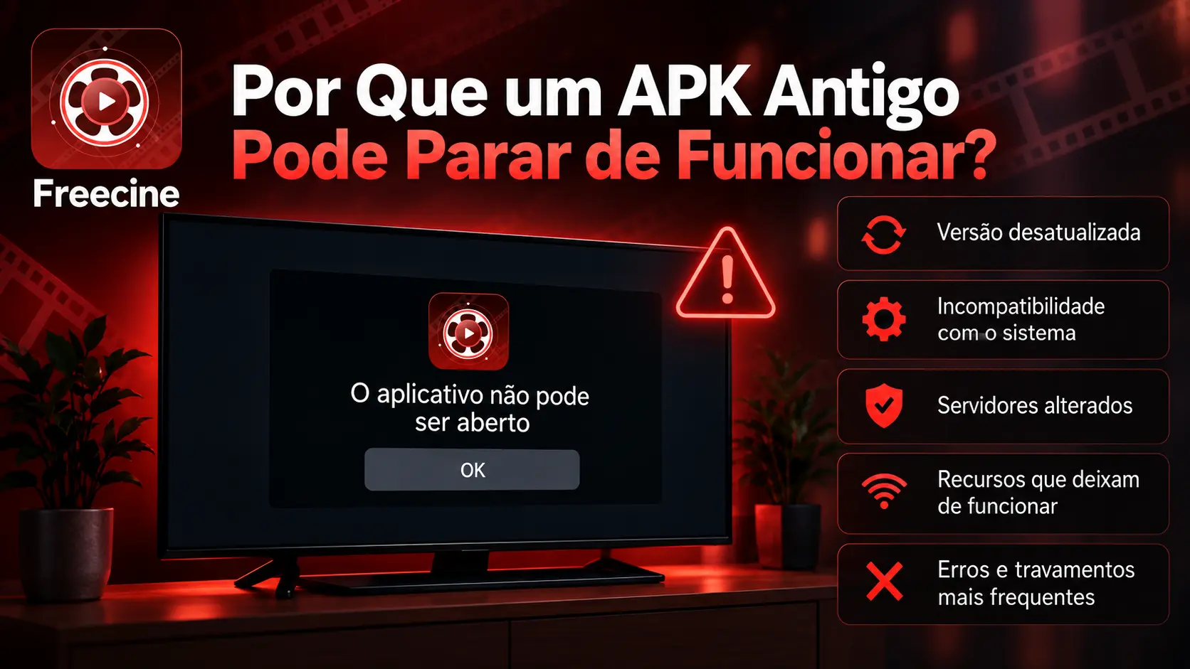 Sinal de alerta, Freecine, tela de notebook com aviso.